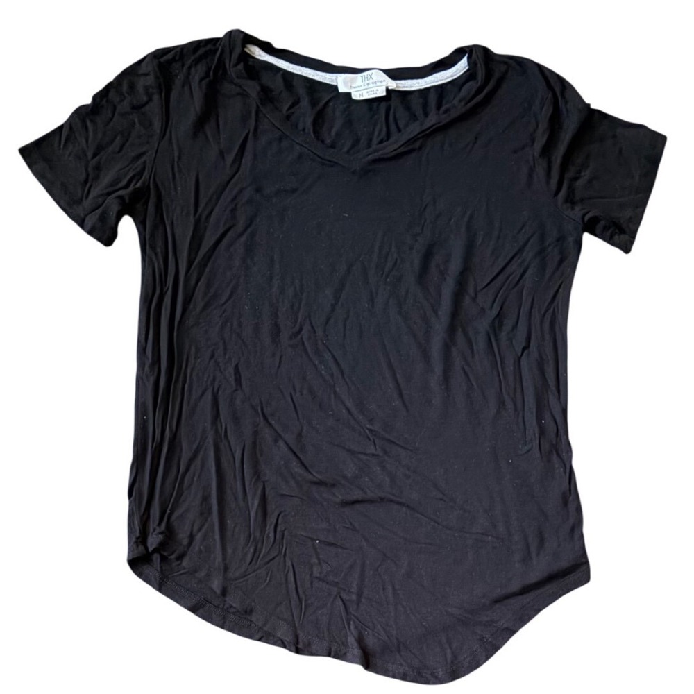 Thanx Collection Womens Black V-Neck Short Sleeve Curved Hem T-Shirt Size M